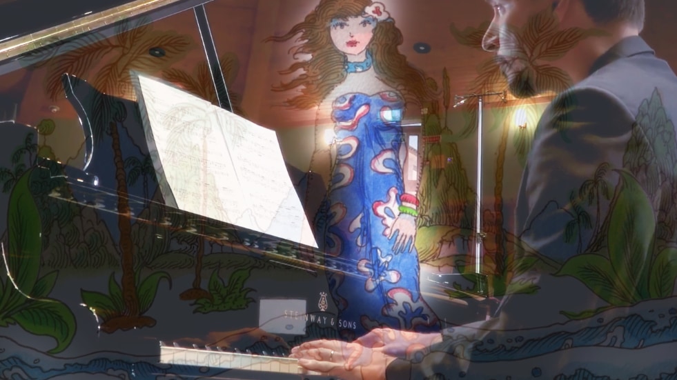 blended image of a young woman in a sarong on a beach with palm trees and a young man playing a concert grand piano